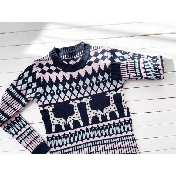 giraffe sweater 80s 90s vintage‎ navy blue pink animal print sweater